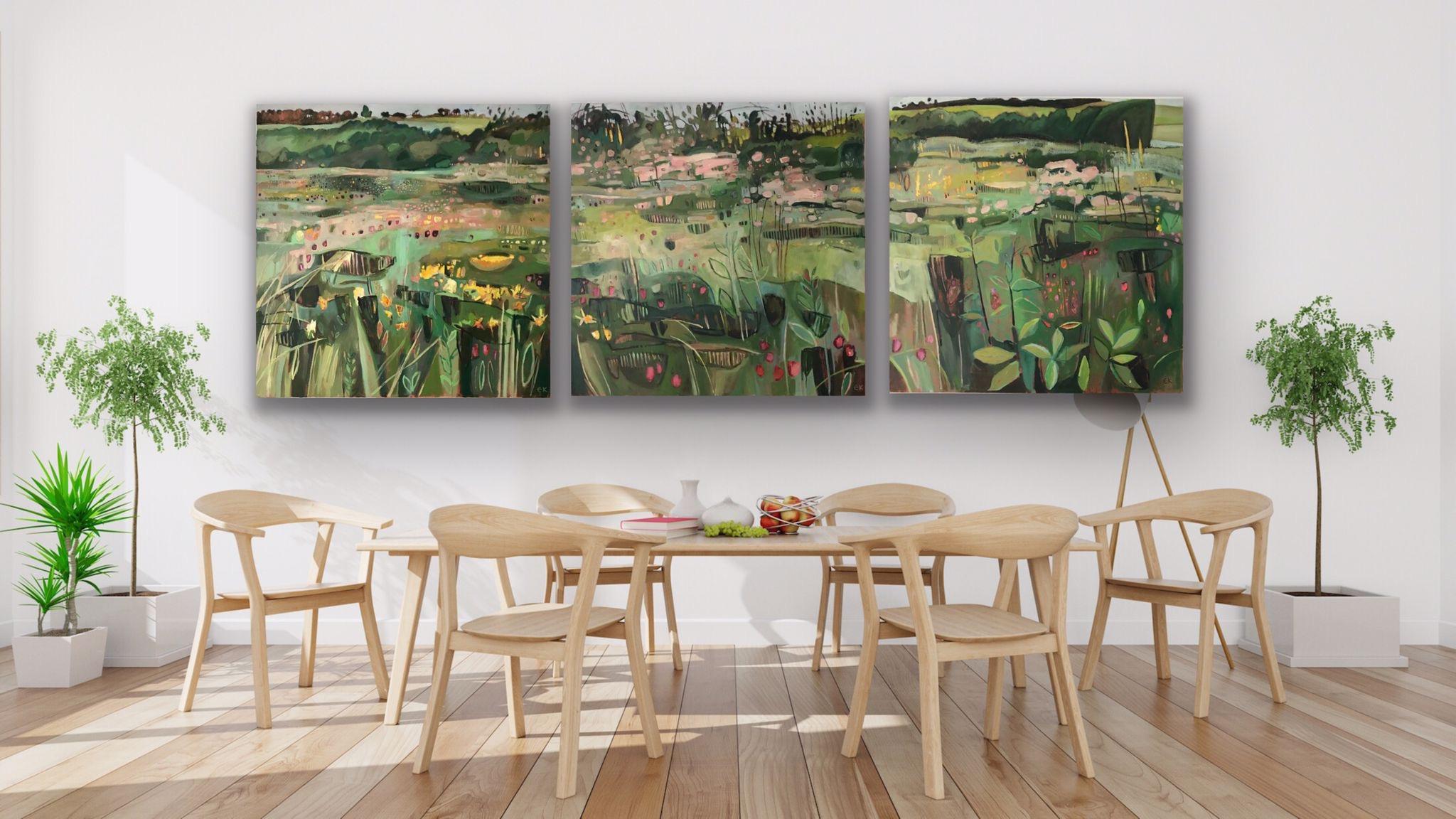 This triptych is a series of three panels which may be arranged together, in contact, slightly apart or even on separate walls. Each panel is 100 x 100cm. The two end (right and left) panels can also be made available as single panels or a diptych