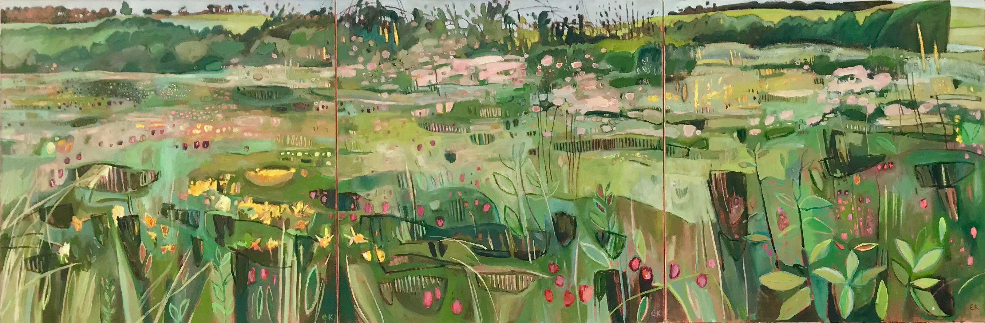 Elaine Kazimierczuk Landscape Painting – Tackley Triptychon Revisited, Acrylfarbe auf Leinwand, Abstrakt, Landschaft, Blumenmuster