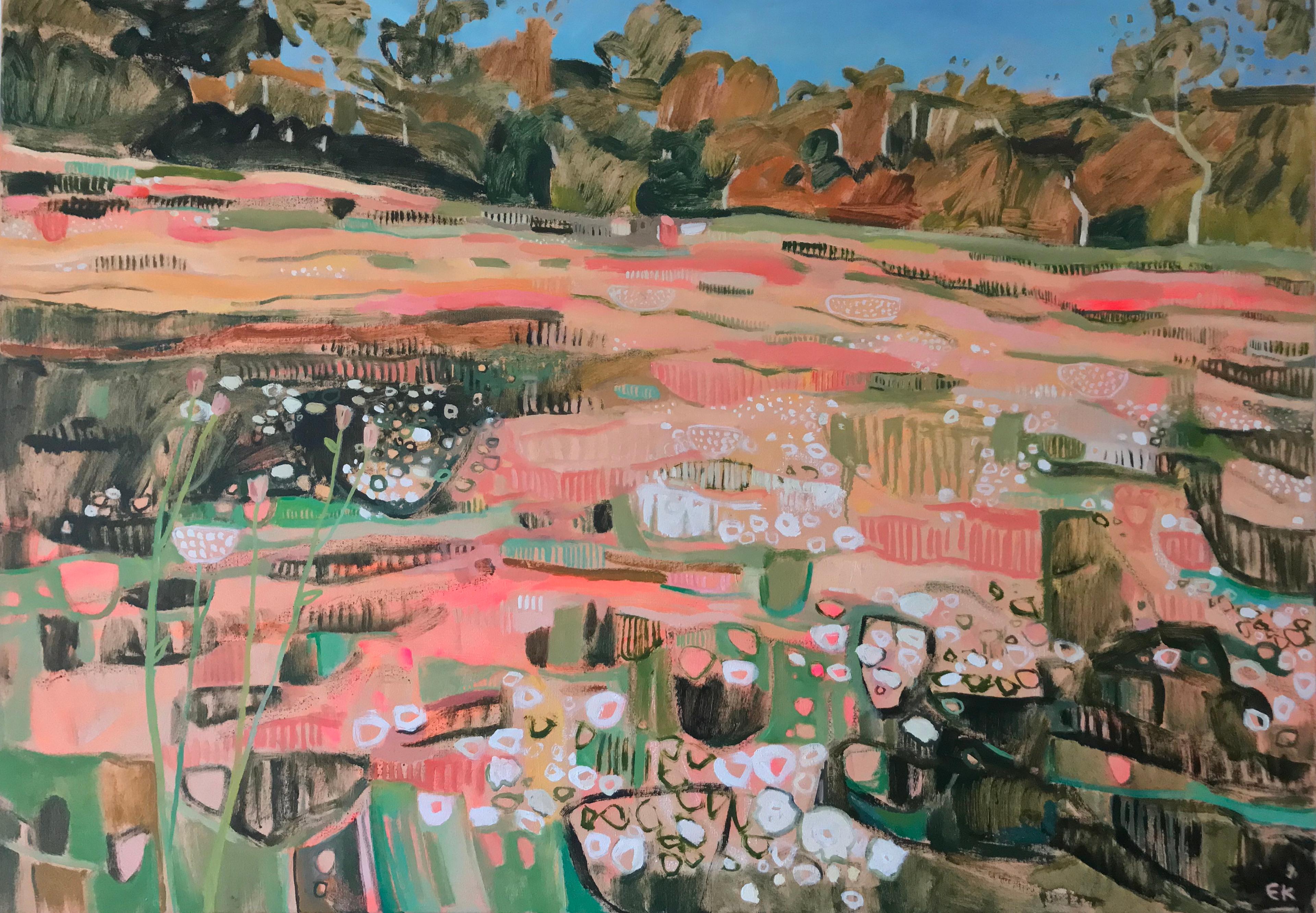 Landscape Painting Elaine Kazimierczuk - Robe de soirée toscane avec longues ombres, fleurs, soirée d'été, abstrait