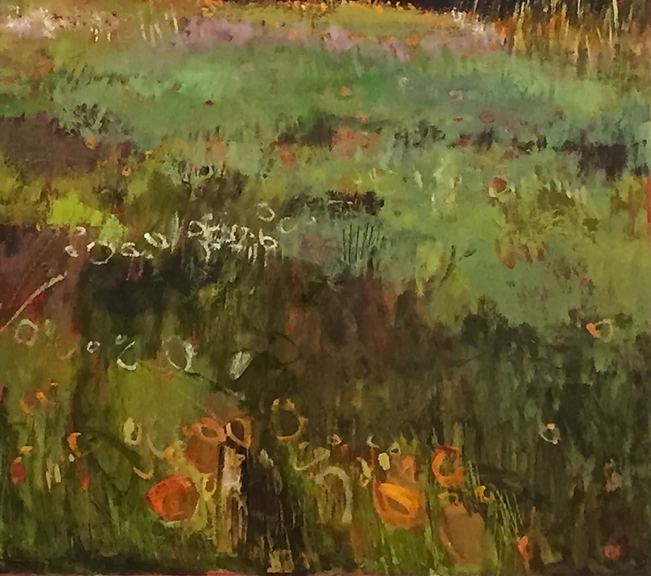 Tuscany Meadow with Orange and White Flowers, abstract oil painting – Painting von Elaine Kazimierczuk