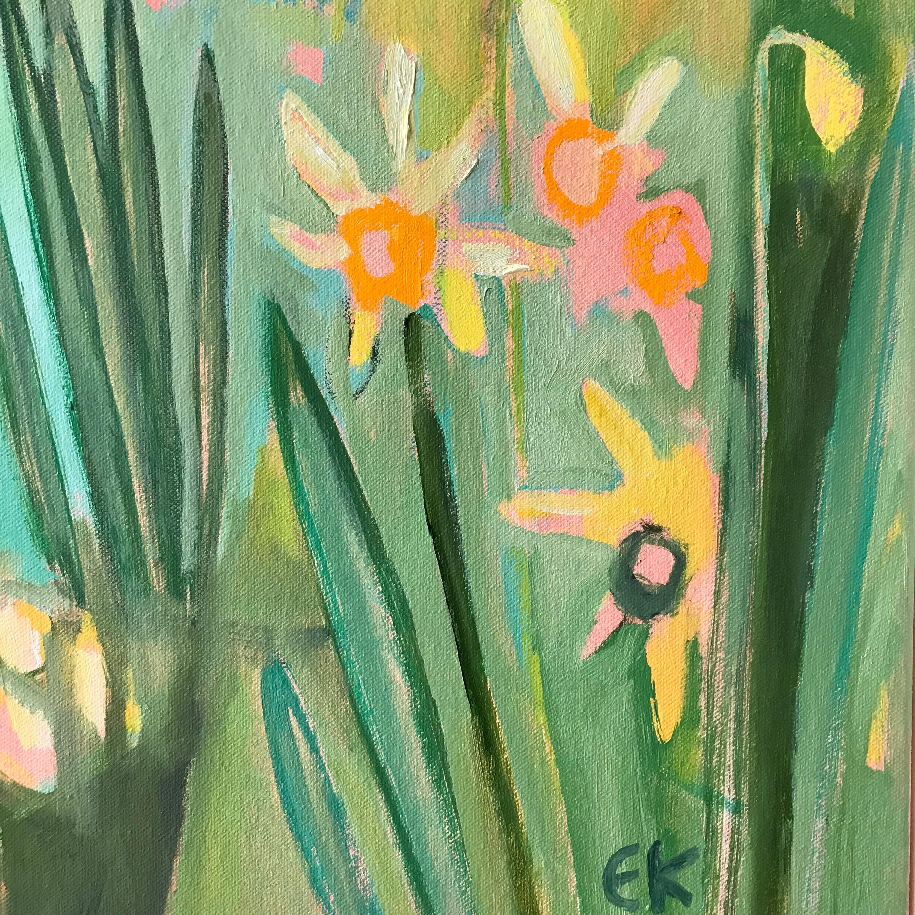 A scene of a Welsh woodland with wild daffodils dancing in the breeze in early spring sunshine. The composition is made up of soft pastel greens and blue-greens of the foliage against the fresh bright yellow of the flowers. Sunlight casts shadows on