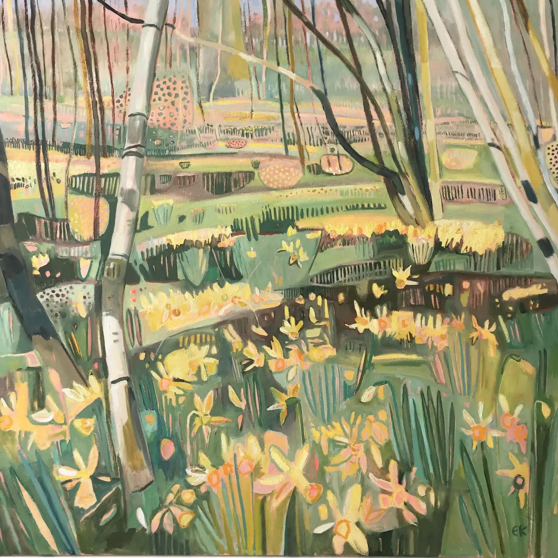 Elaine Kazimierczuk Landscape Painting - Wild Welsh Daffodils, Original painting, Flowers, Landscape, Nature, Abstract