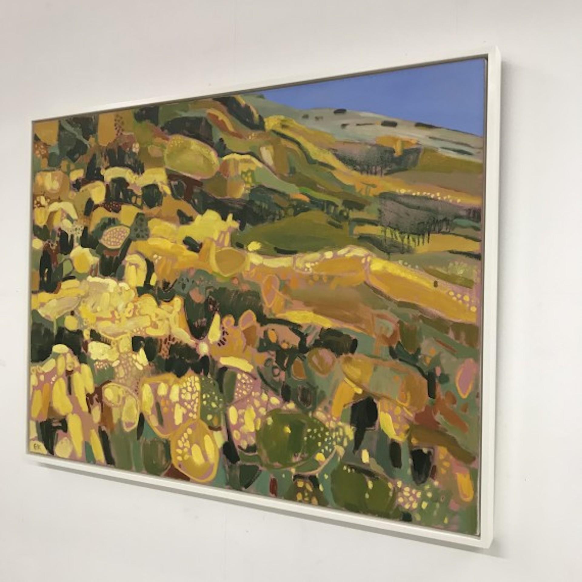 Wind Across the Gorse, peinture originale, Contemporary Landscape Art, Yellow art - Painting de Elaine Kazimierczuk