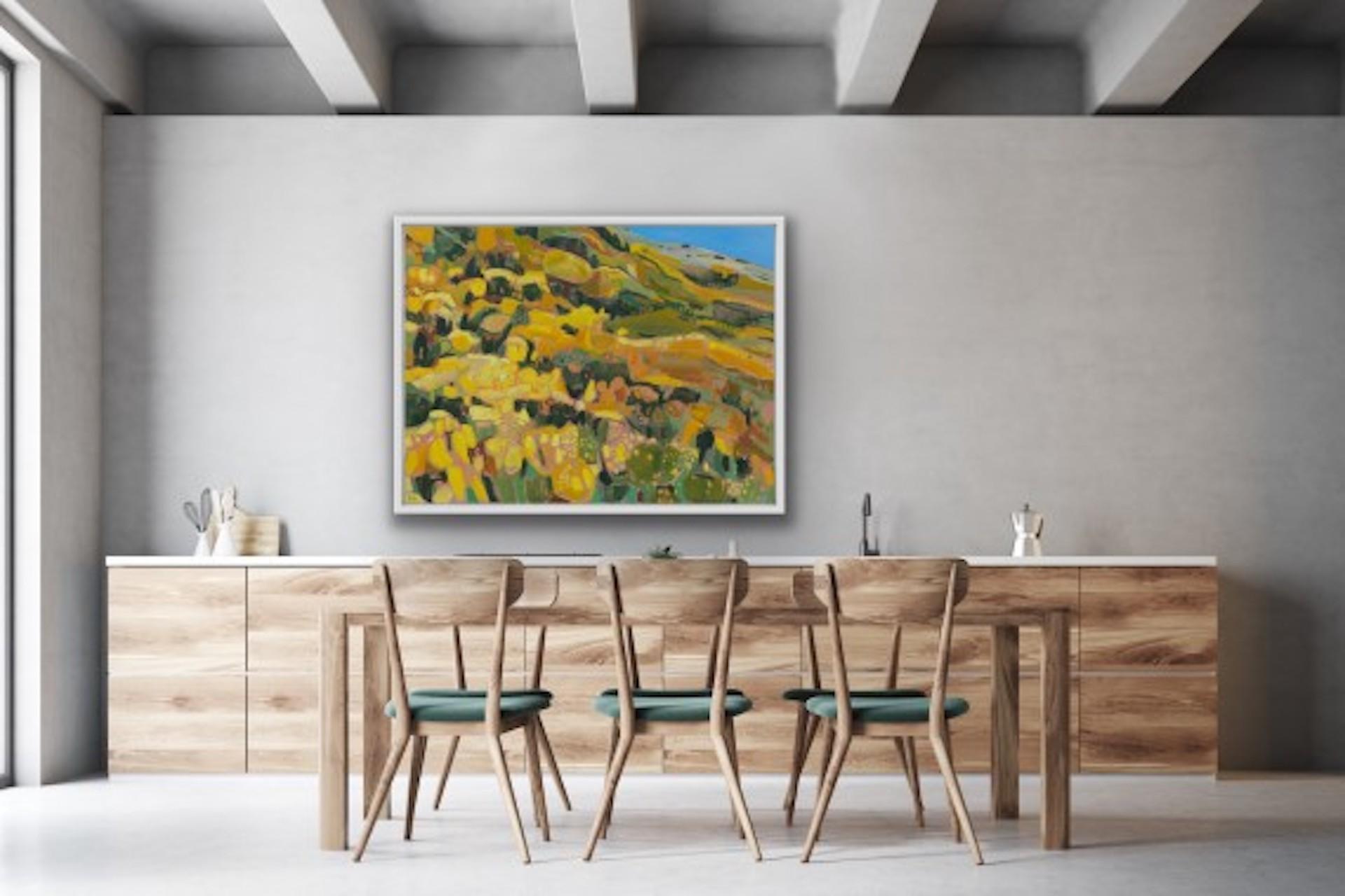 Wind Across the Gorse, peinture originale, Contemporary Landscape Art, Yellow art - Abstrait Painting par Elaine Kazimierczuk