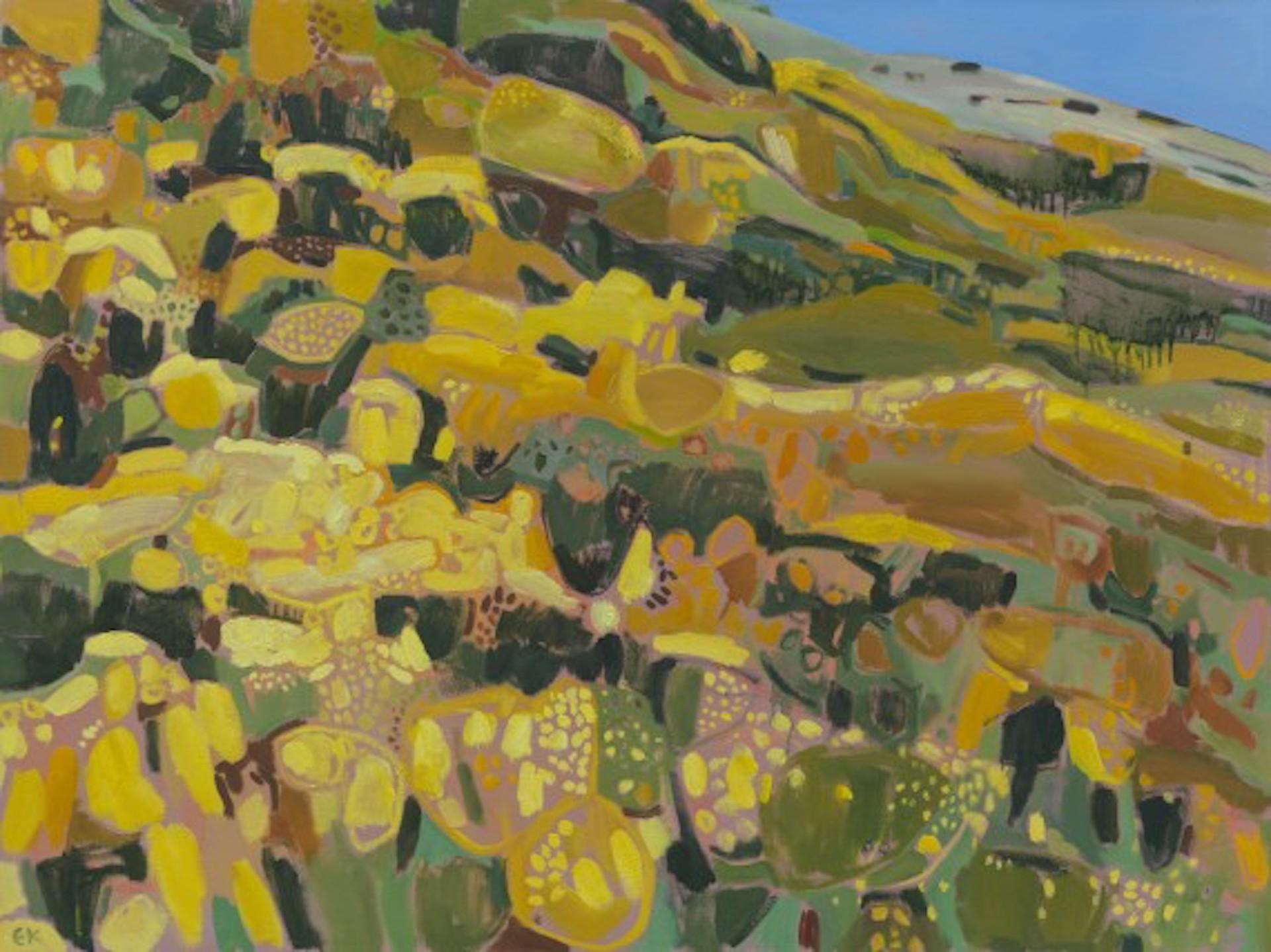 Landscape Painting Elaine Kazimierczuk - Wind Across the Gorse, peinture originale, Contemporary Landscape Art, Yellow art