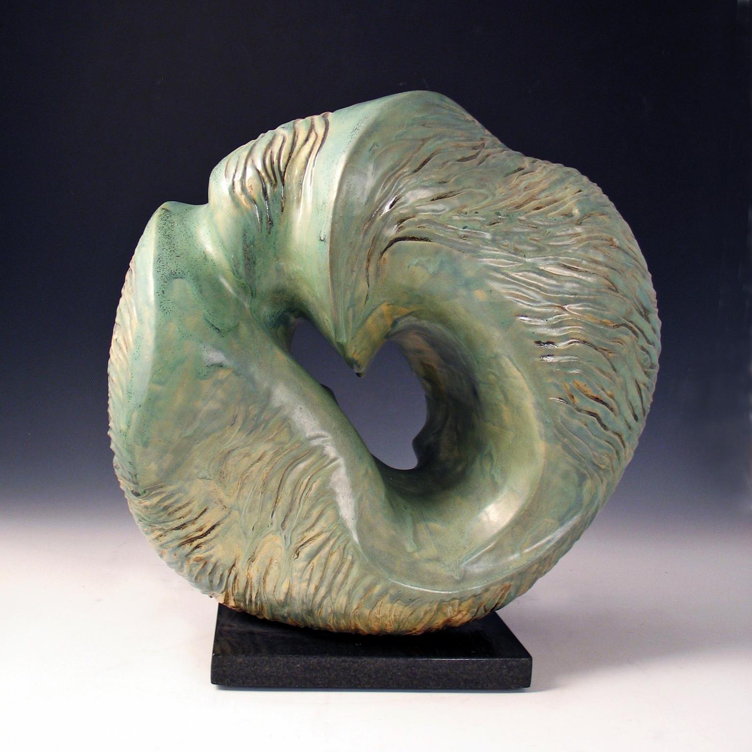 “Aqua Incision”, blue green circular ceramic, carved with flowing water lines  - Sculpture by Elaine Lorenz