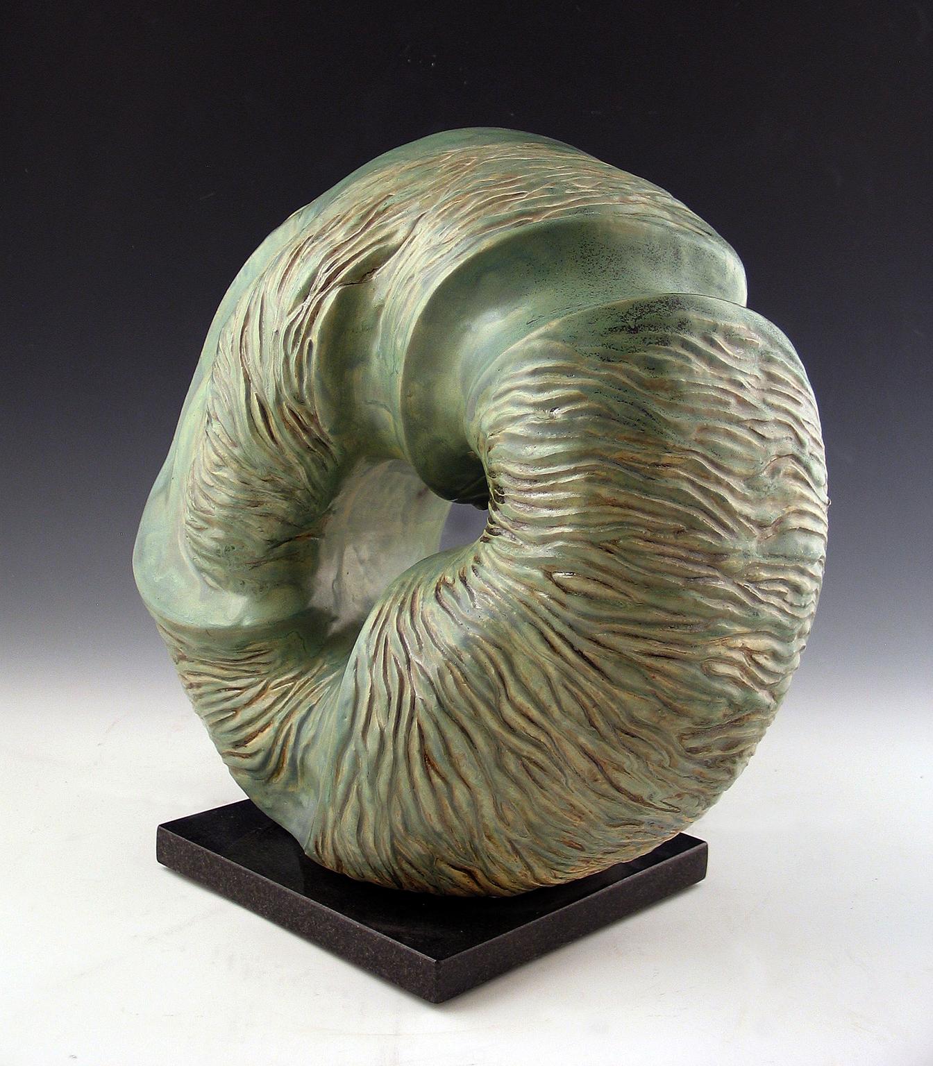 “Aqua Incision”, blue green circular ceramic, carved with flowing water lines  - Abstract Sculpture by Elaine Lorenz