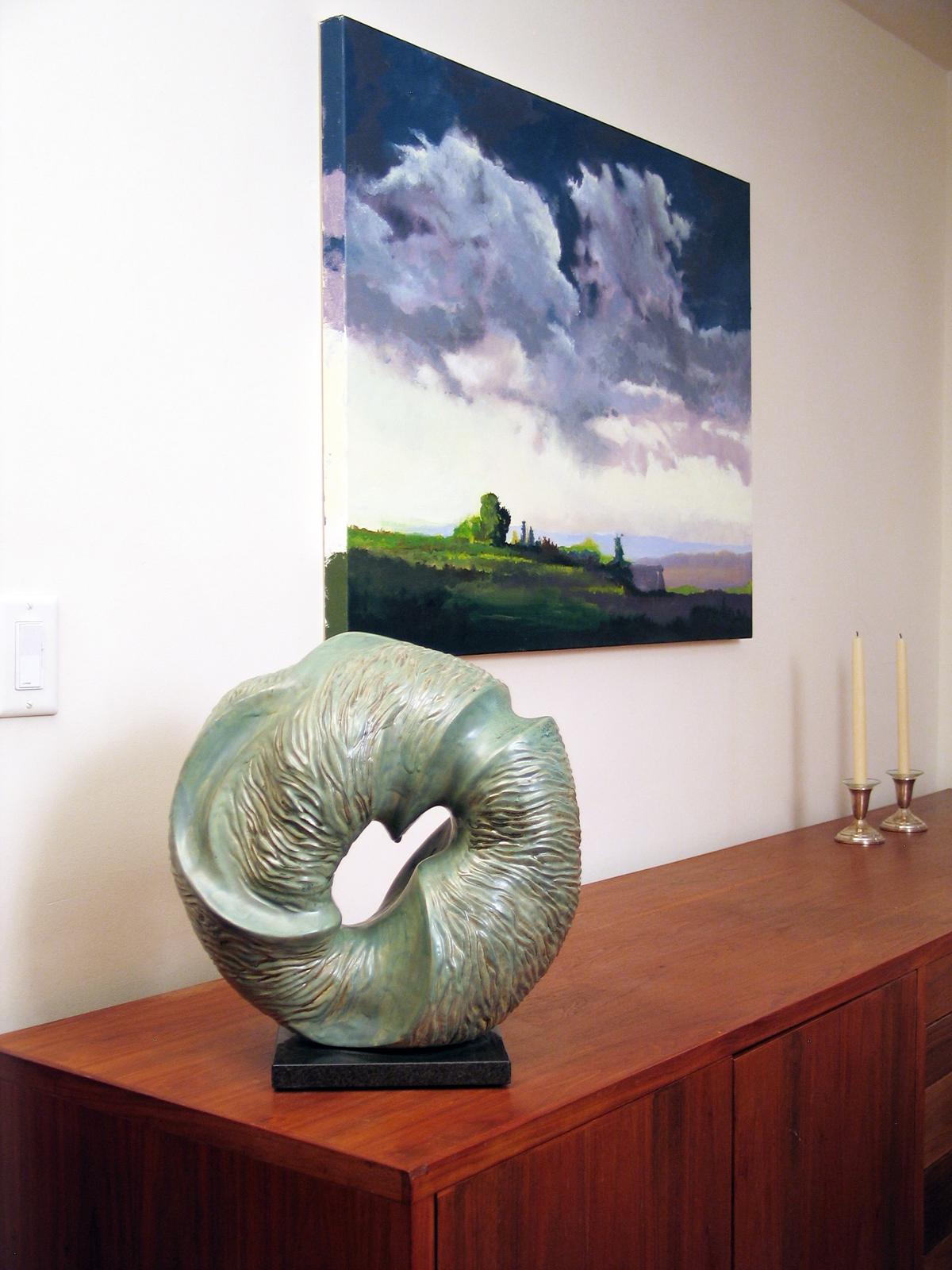 “Aqua Incision”, blue green circular ceramic, carved with flowing water lines  - Black Abstract Sculpture by Elaine Lorenz