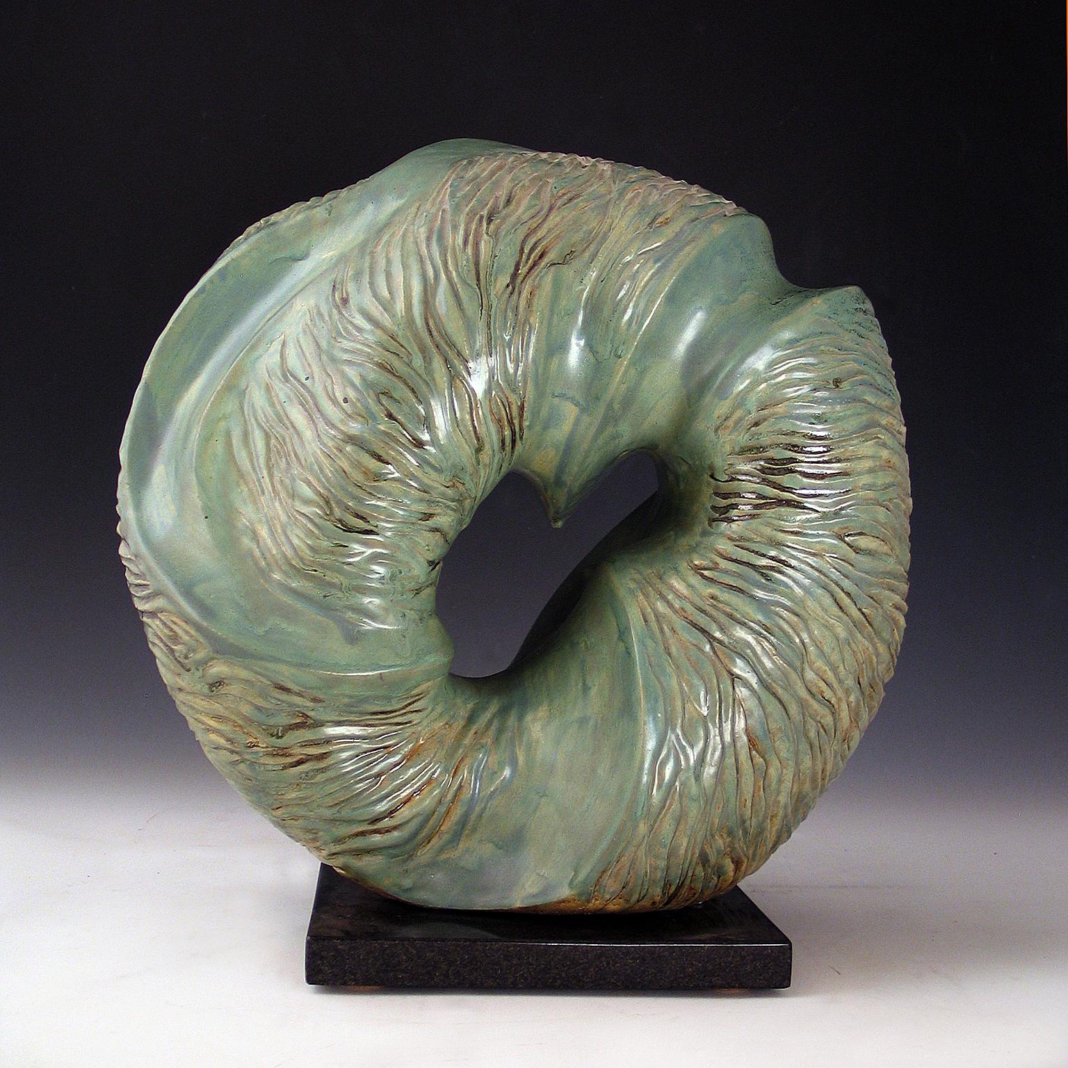 Elaine Lorenz Abstract Sculpture - “Aqua Incision”, blue green circular ceramic, carved with flowing water lines 