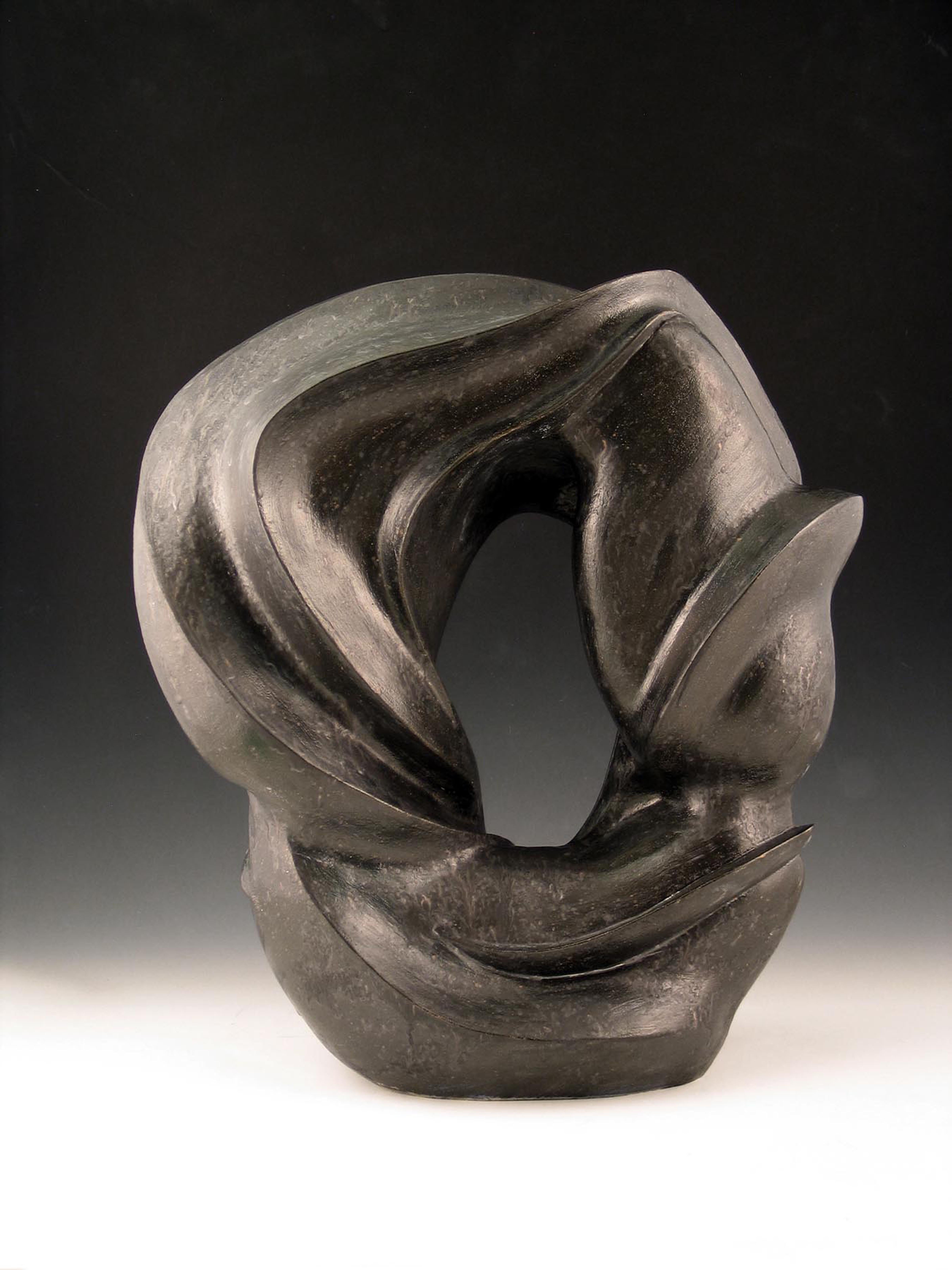 Elaine Lorenz Abstract Sculpture - "Around About”, ceramic sculpture of swirling forms in gun metal black glaze