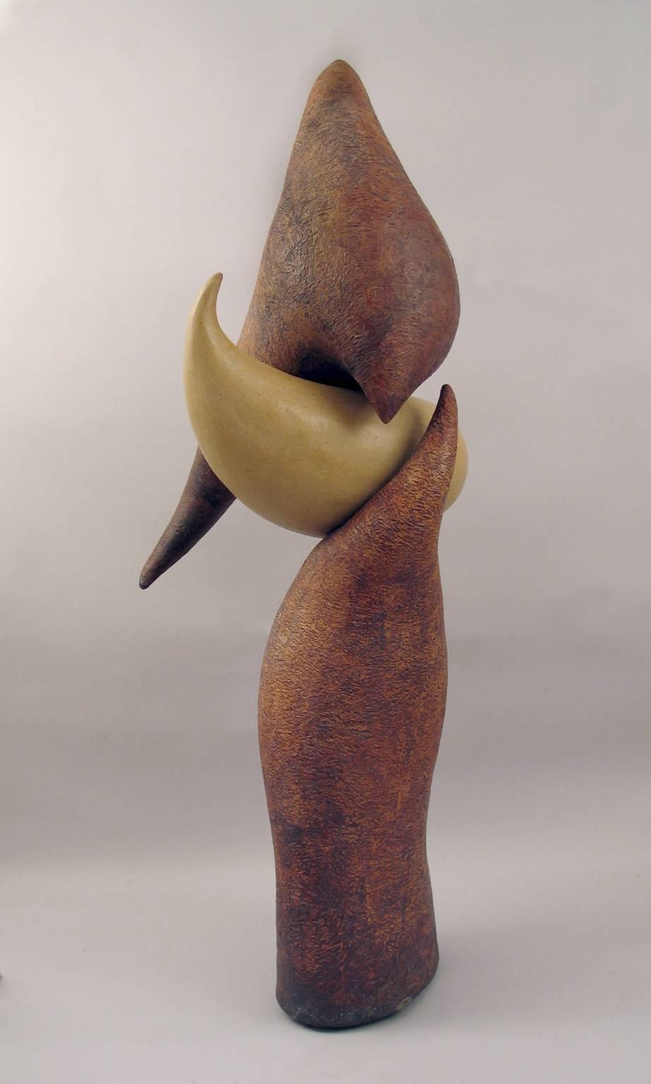 “Balancing Act”, red iron oxide ceramic forms balance daringly  - Abstract Sculpture by Elaine Lorenz