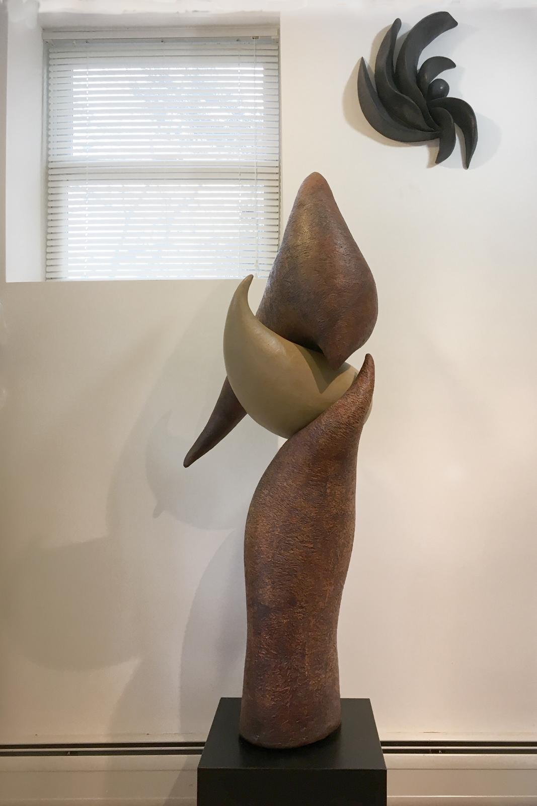 “Balancing Act”, red iron oxide ceramic forms balance daringly  - Gray Abstract Sculpture by Elaine Lorenz