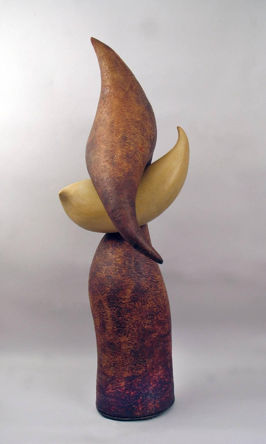 Elaine Lorenz Abstract Sculpture - “Balancing Act”, red iron oxide ceramic forms balance daringly 