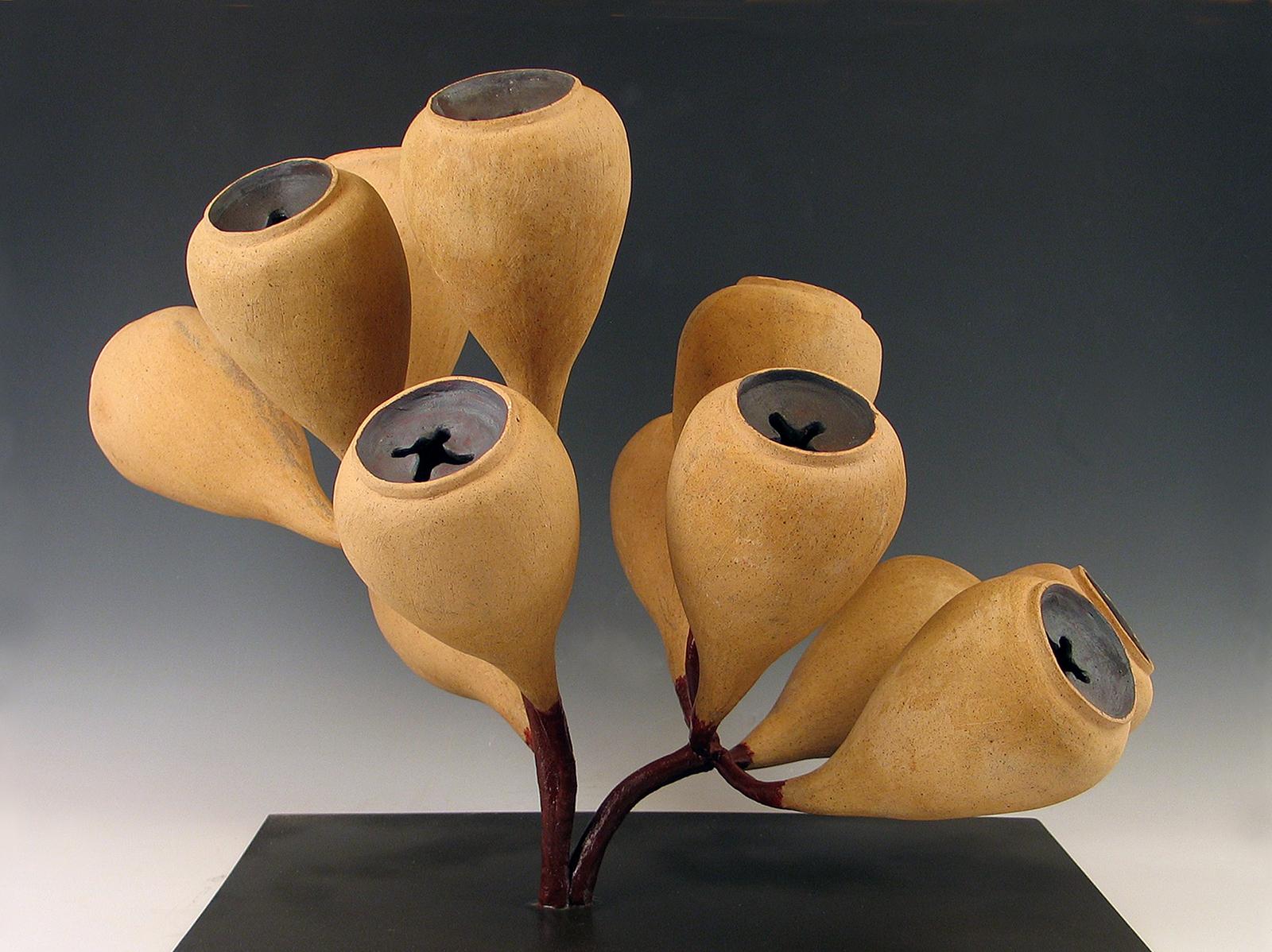 Elaine Lorenz Abstract Sculpture - Eucalyptus Spray”, black and golden ceramic buds