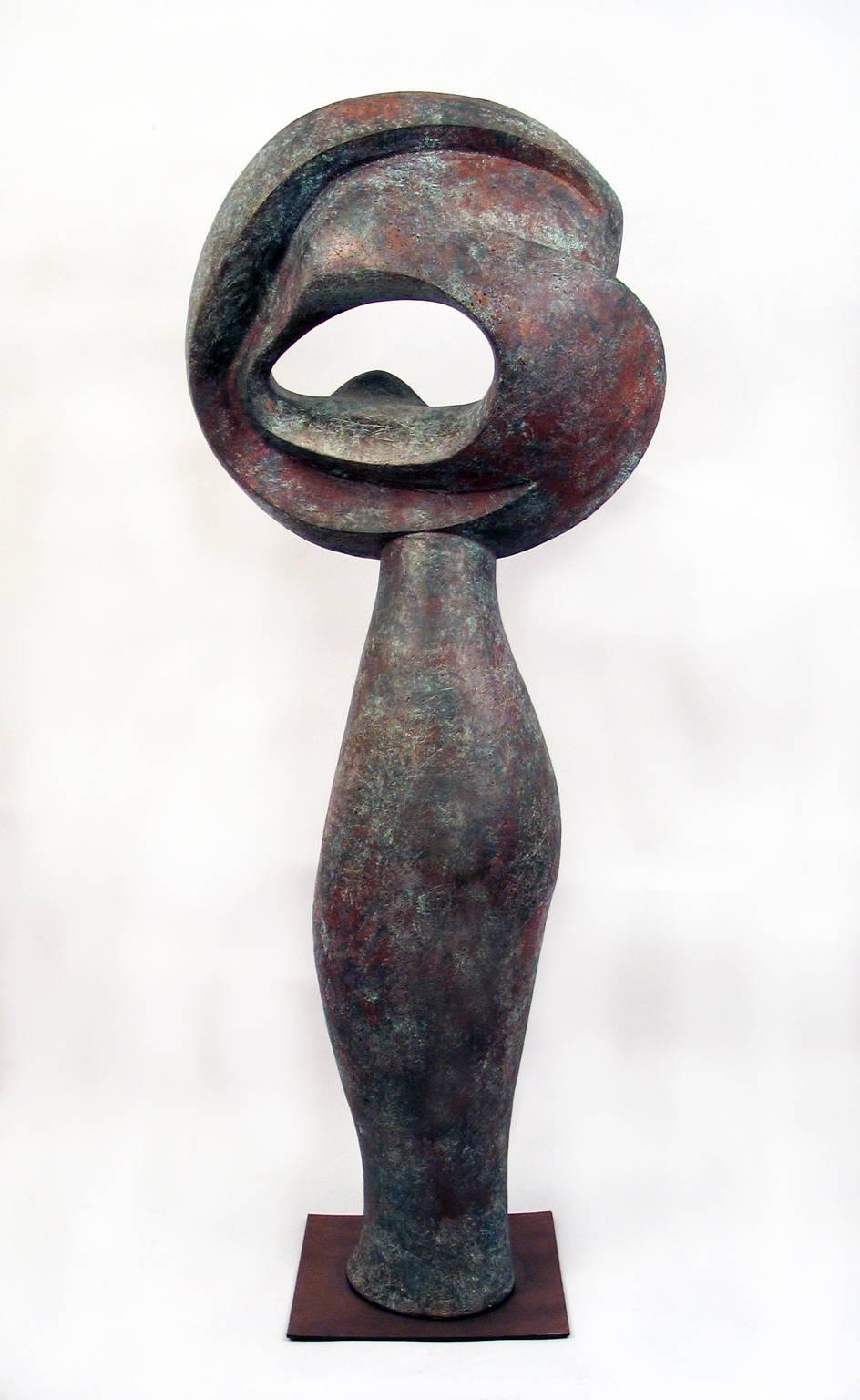 “Eye to the Future”, tall ceramic sculpture, with a weathered bronze finish - Sculpture by Elaine Lorenz
