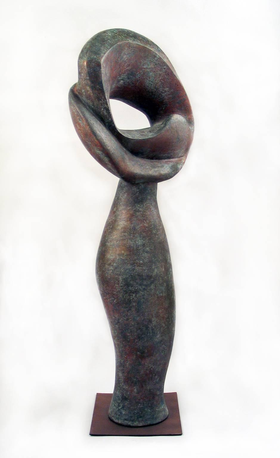 Elaine Lorenz Abstract Sculpture - “Eye to the Future�”, tall ceramic sculpture, with a weathered bronze finish