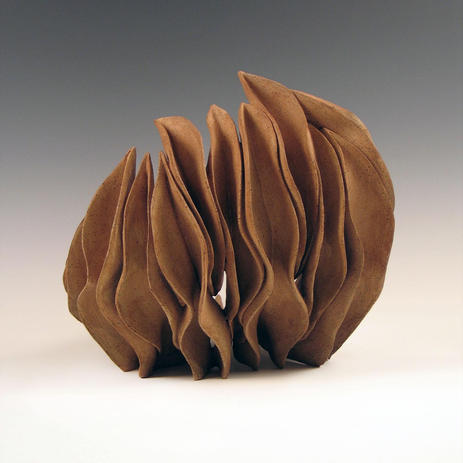 Elaine Lorenz Abstract Sculpture – "Fragment 3”, layered ceramic shell, swirls in rich browns