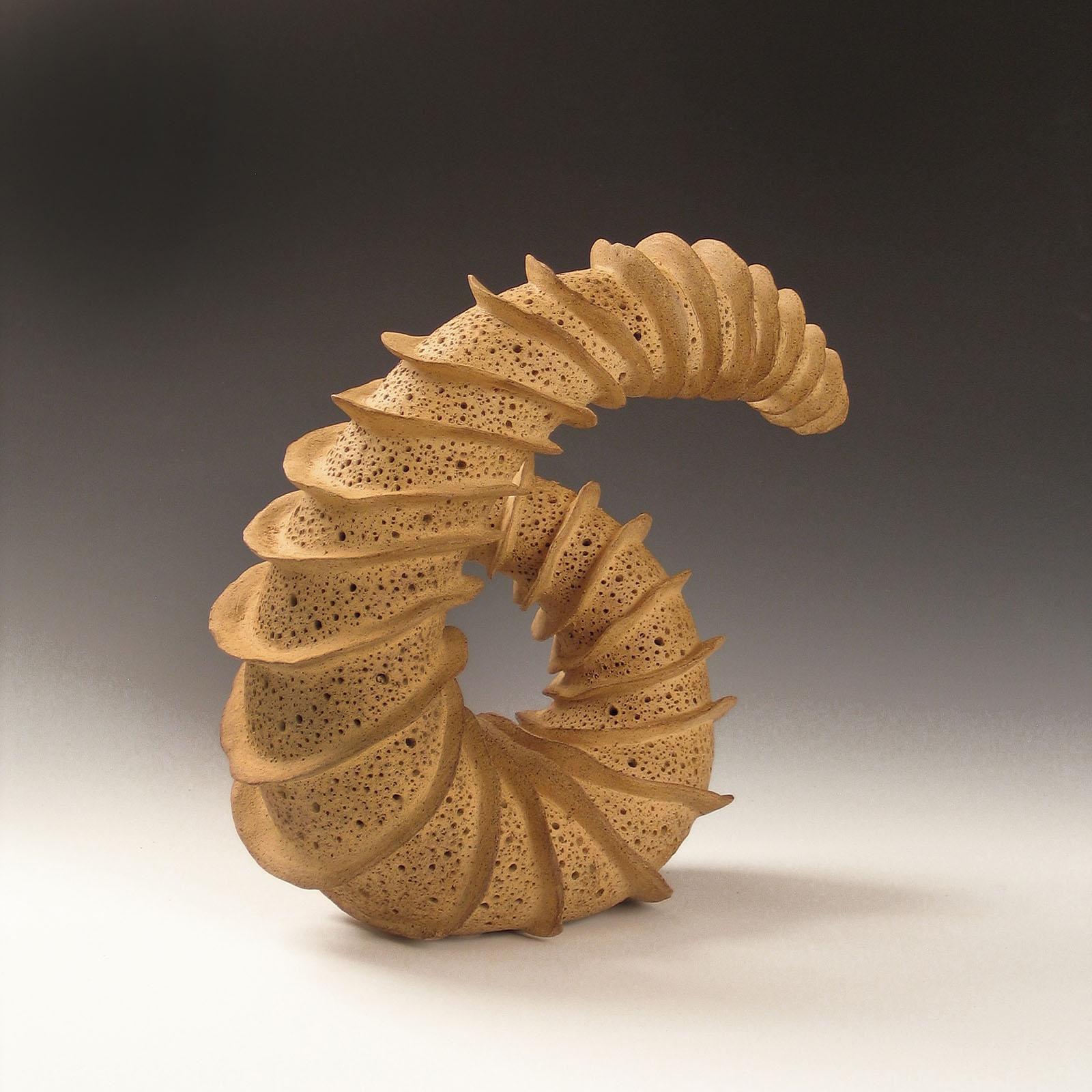  “Looking Back”,  radiates fins spiraling around a tapering coiled ceramic form - Abstract Sculpture by Elaine Lorenz