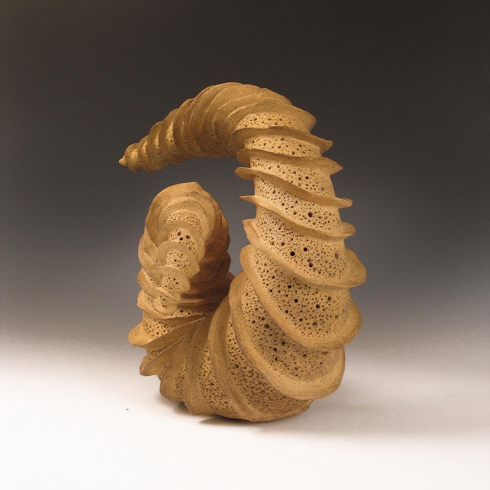  “Looking Back”,  radiates fins spiraling around a tapering coiled ceramic form - Black Abstract Sculpture by Elaine Lorenz