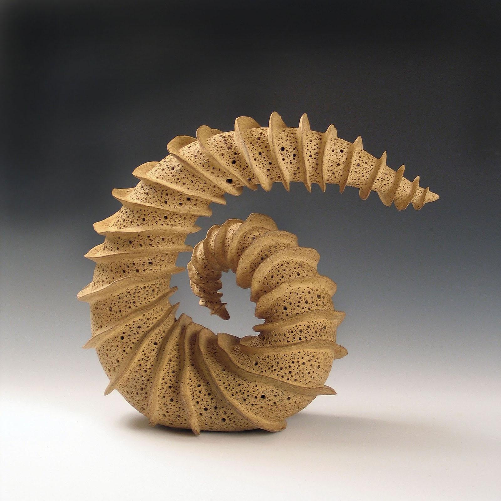 Elaine Lorenz Abstract Sculpture -  “Looking Back”,  radiates fins spiraling around a tapering coiled ceramic form
