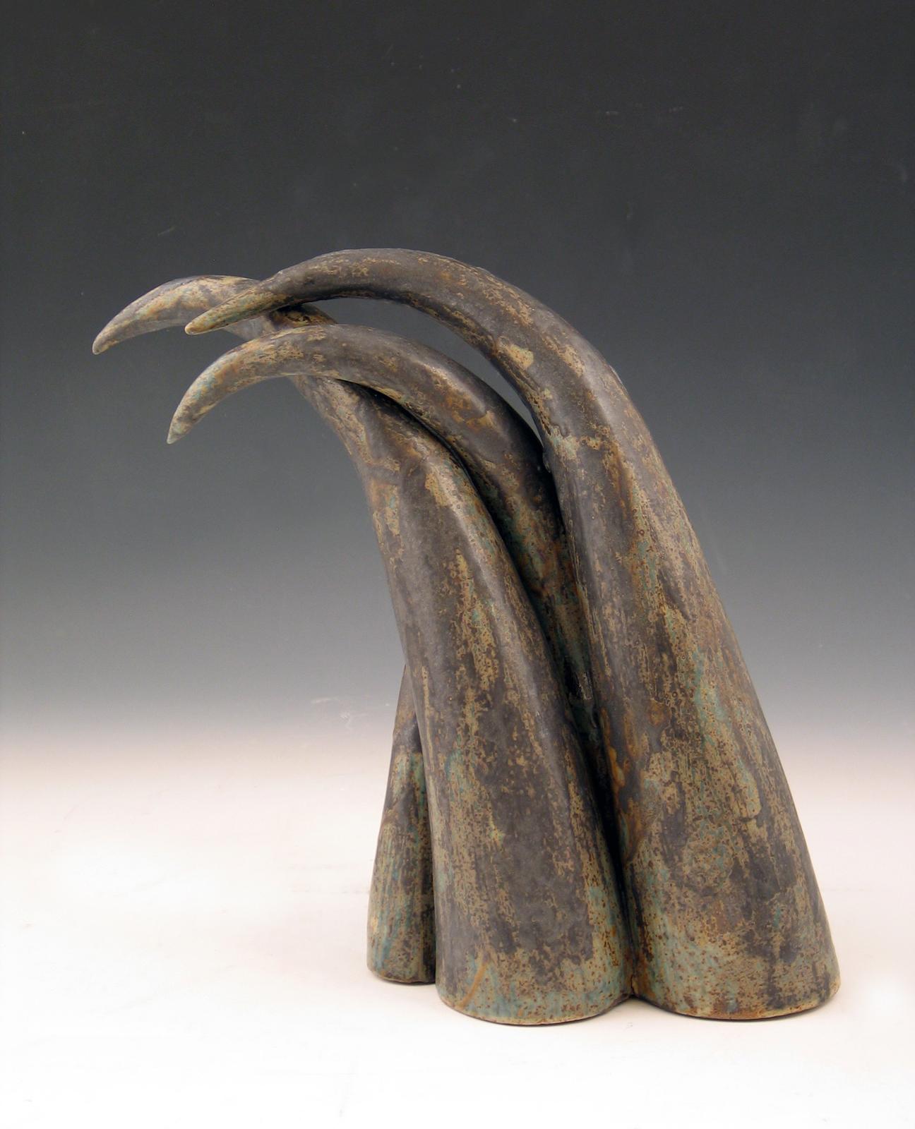 “Moving On”, sheaf of curved ceramic forms in deep browns - Black Abstract Sculpture by Elaine Lorenz