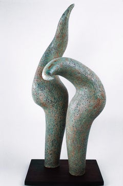“Tête-a-Tête”, blue-green and brown ceramic sculpture of intimacy