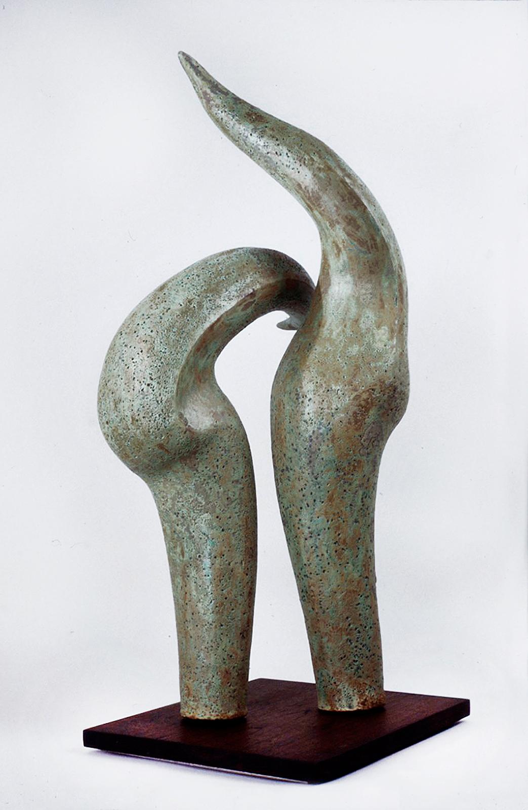 Elaine Lorenz Abstract Sculpture - “Tête-a-Tête”, blue-green and brown ceramic sculpture of intimacy