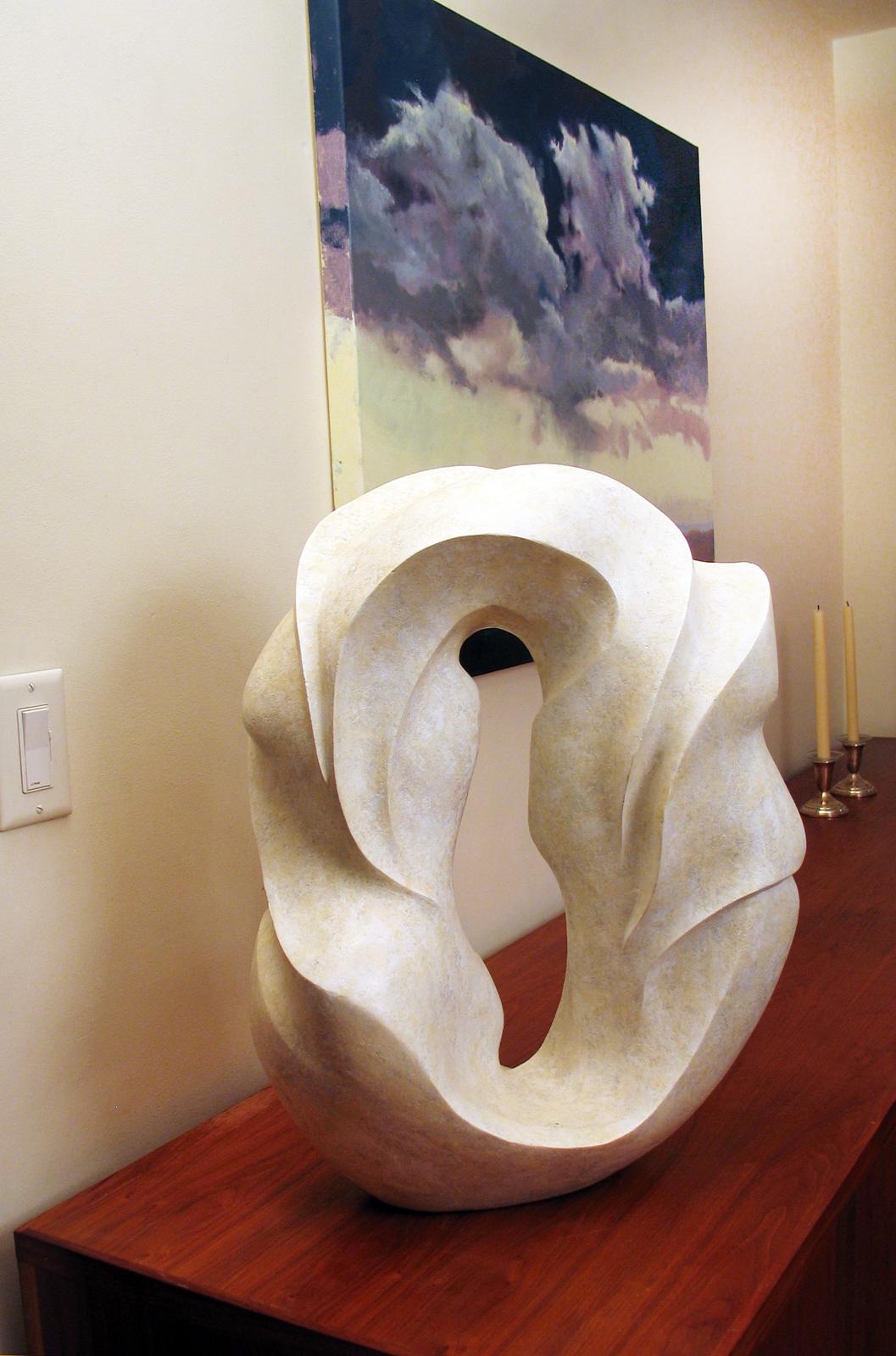 “The Source”, ceramic sculpture with a white acrylic finish, swirling movement - Beige Abstract Sculpture by Elaine Lorenz