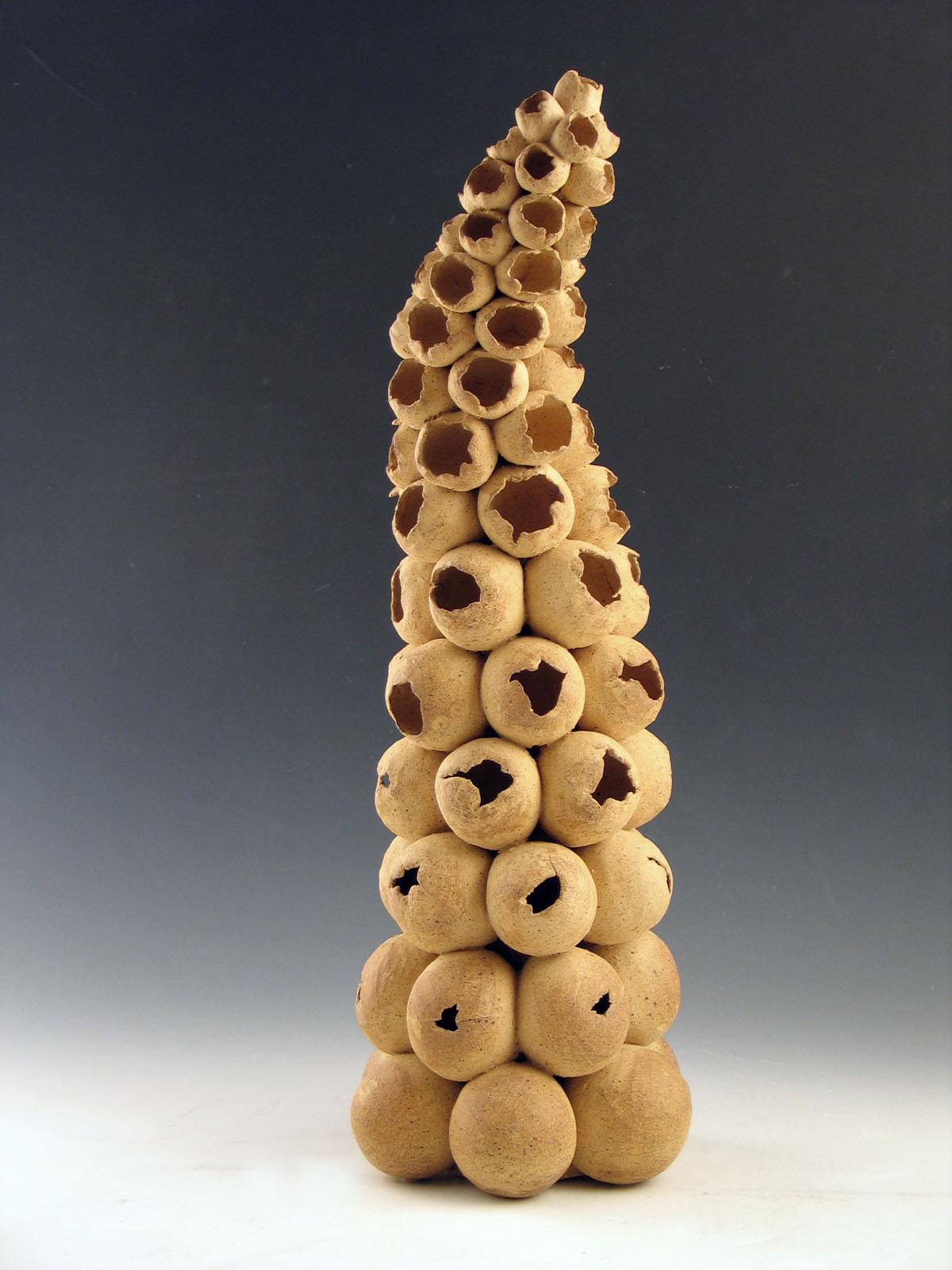 “Unfulfilled”, ceramic form covered with speckled beige seedpods - Abstract Sculpture by Elaine Lorenz