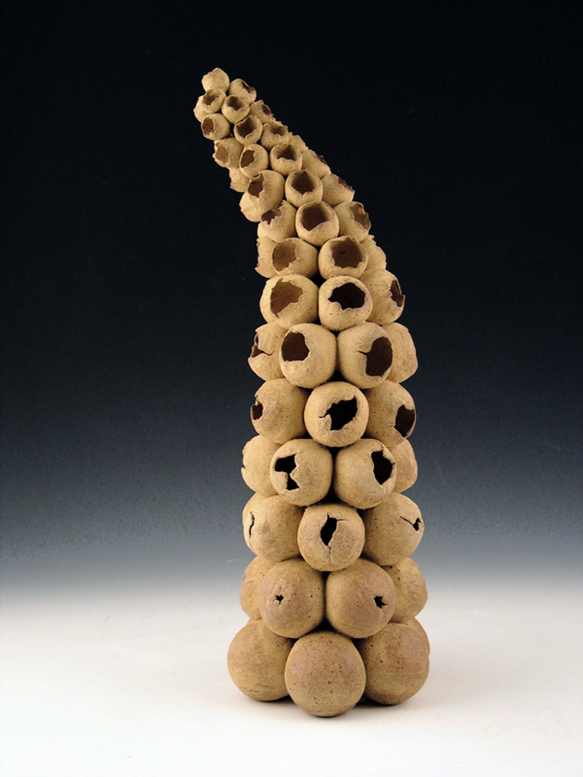 “Unfulfilled”, ceramic form covered with speckled beige seedpods - Sculpture by Elaine Lorenz