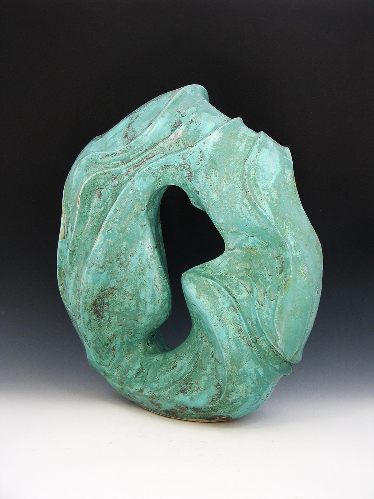 “Water’s Way”, bright aqua ceramic with swirling marks of flowing water - Abstract Sculpture by Elaine Lorenz