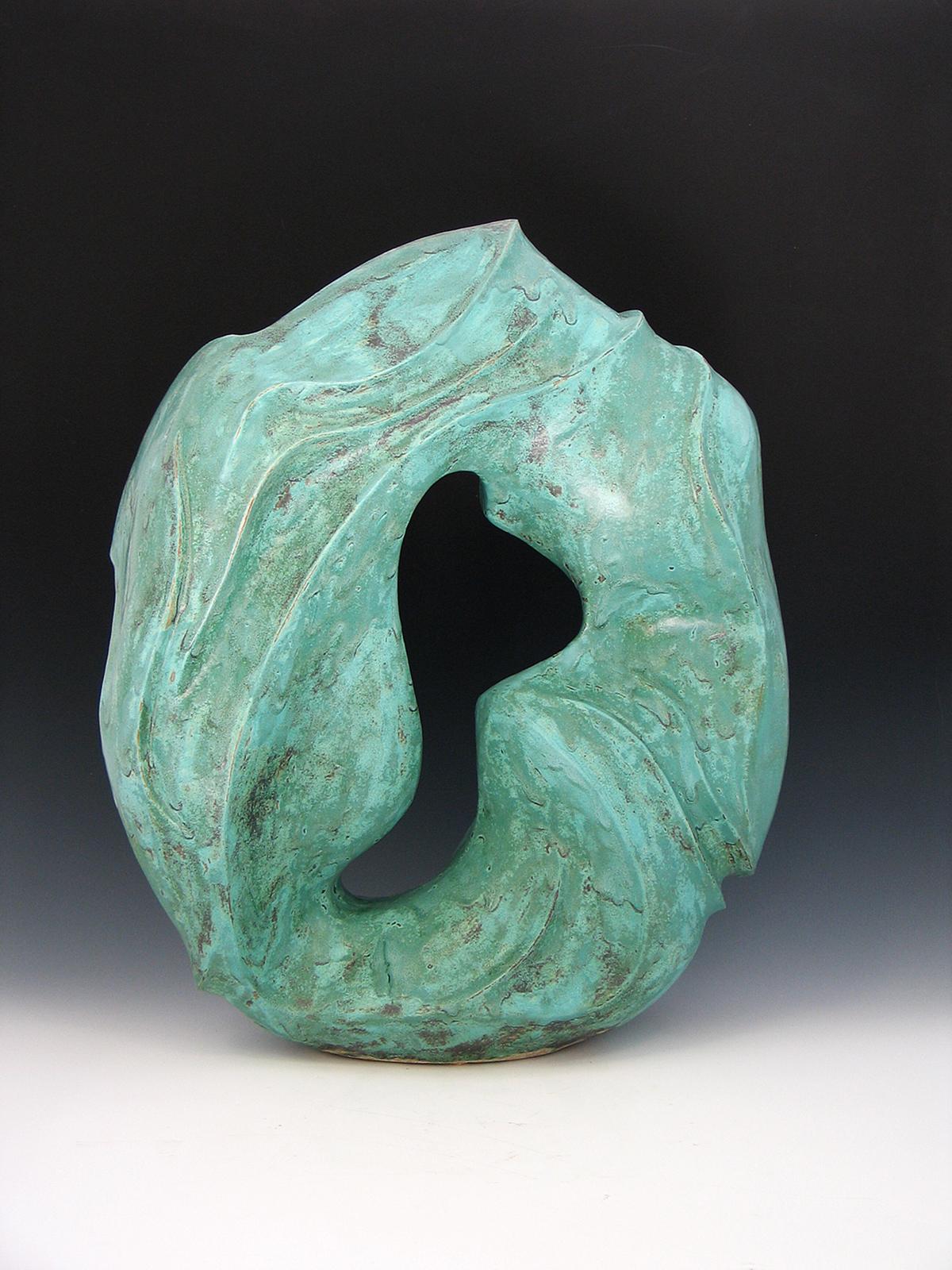 “Water’s Way”, bright aqua ceramic with swirling marks of flowing water - Sculpture by Elaine Lorenz