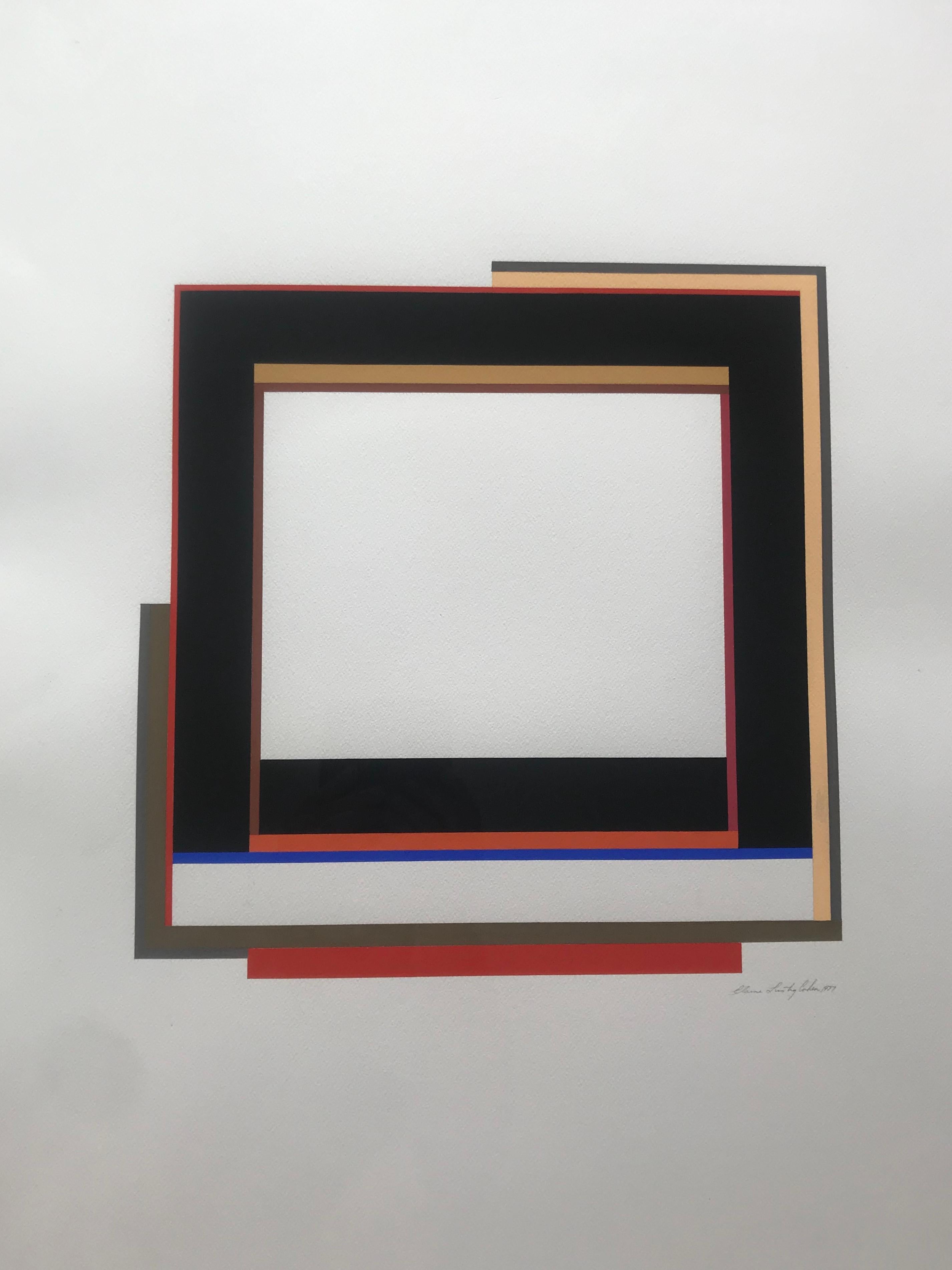 1927 - 2016
Elaine Lustig Cohen was an artist / graphic designer.
She was a modernist at heart, like her ex husband graphic designer Alvin Lustig.
She was influenced by modern architecture and graphic design.  
These two paintings explore those