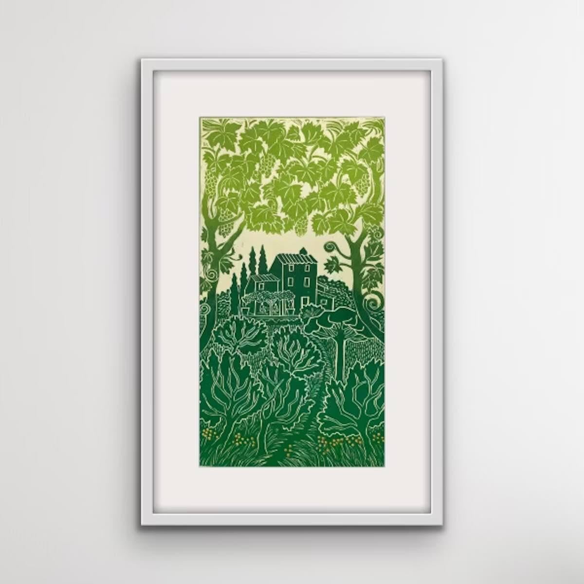 Erinnerungen an die Toskana von Elaine Marshall, Linocut, Druck in limitierter Auflage  (Grün), Landscape Print, von Elaine Marshall 