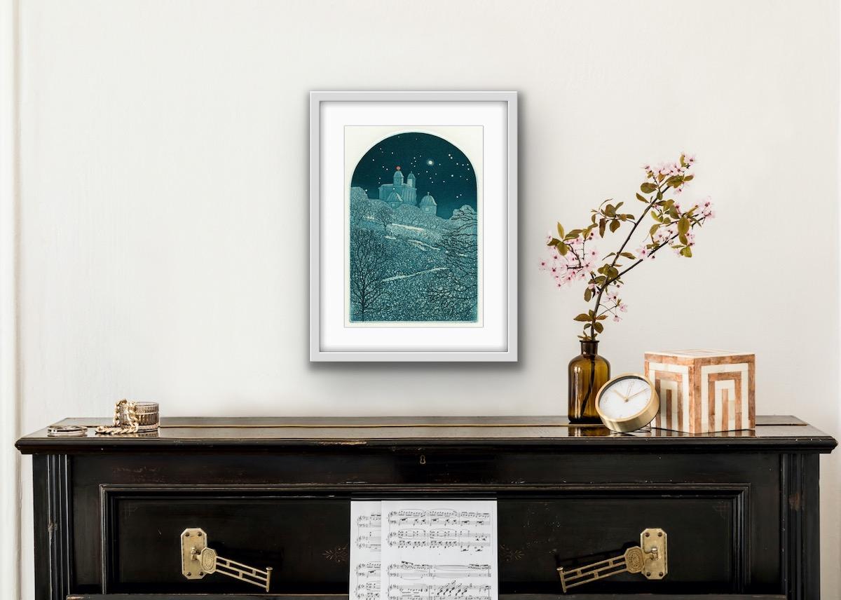 Mitternachts Observatory, Landschaftskunst, Architekturkunst, Londoner Kunst (Blau), Landscape Print, von Elaine Marshall