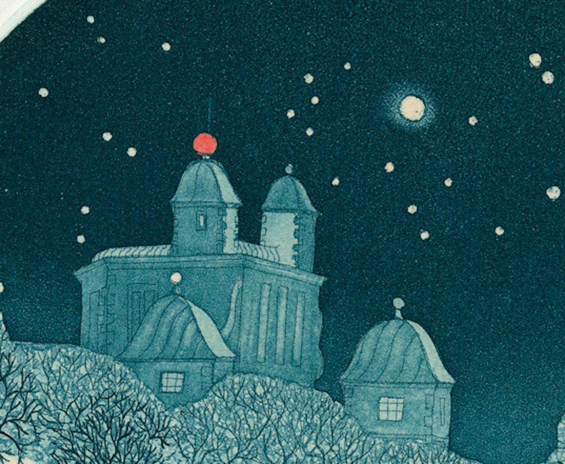 Mitternachts Observatory, Landschaftskunst, Architekturkunst, Londoner Kunst (Blau), Interior Print, von Elaine Marshall