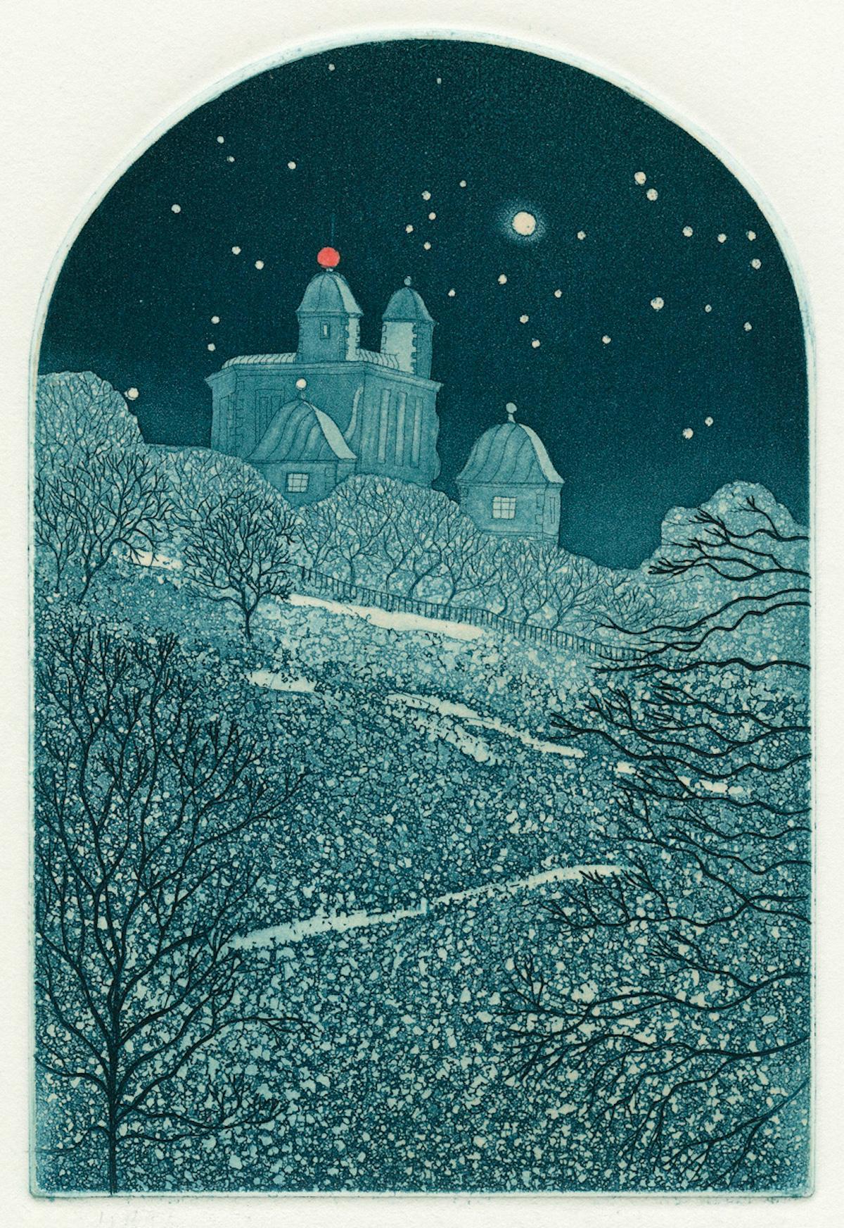 Elaine Marshall Interior Print – Midnight Observatory, Landschaftskunst, Architekturkunst, Londoner Kunst