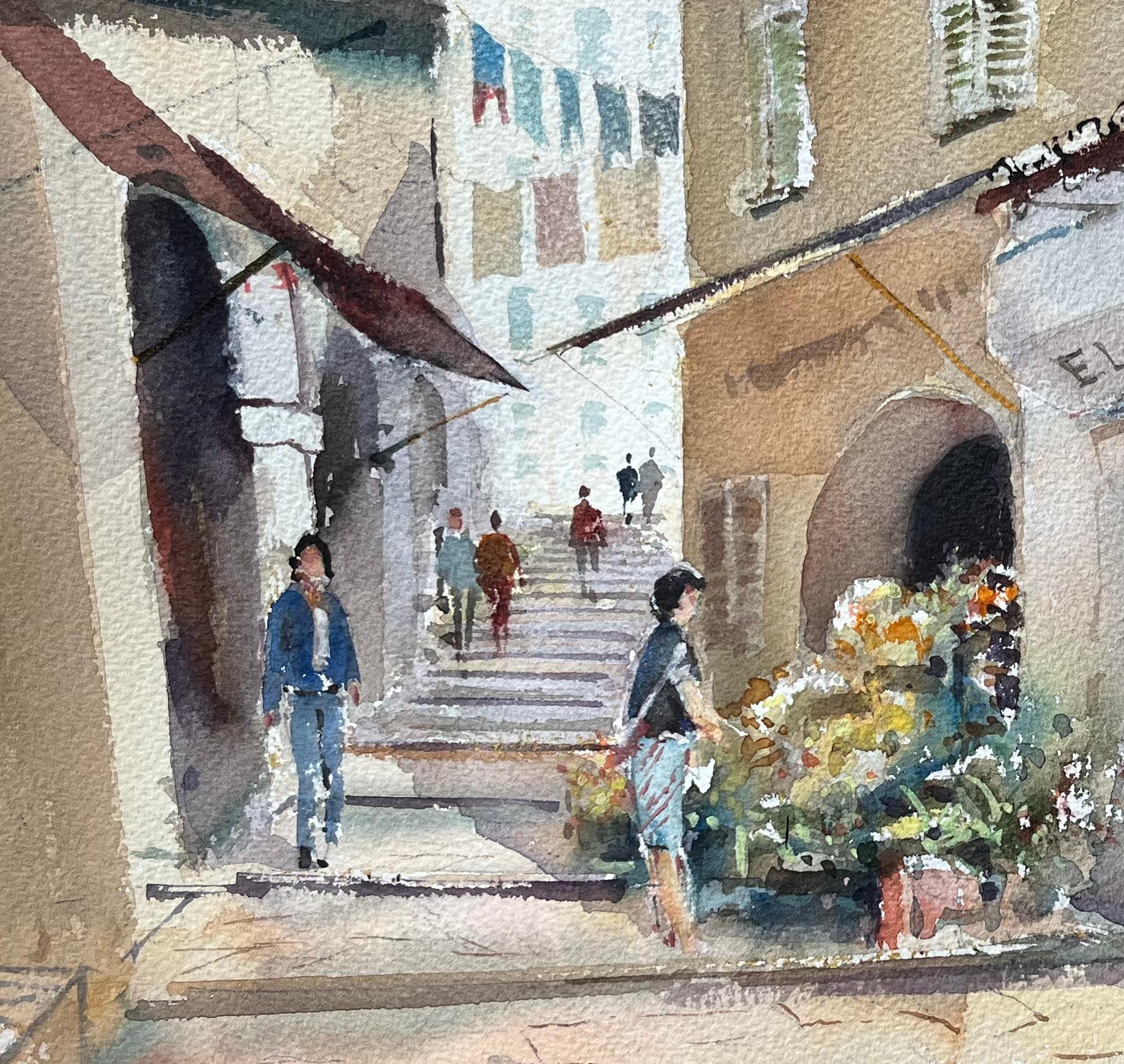 Acuarela original de una escena callejera mediterránea iluminada por el sol con puestos de flores - Painting Impresionista de Elaine Mucklow
