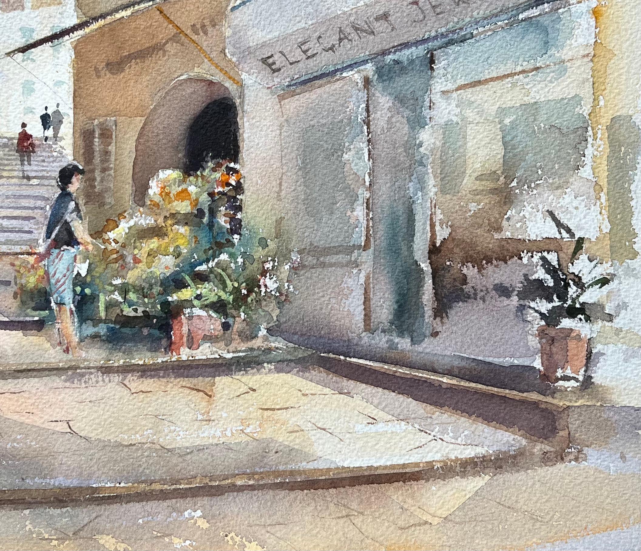 Título: Acuarela original de una escena callejera mediterránea iluminada por el sol con puestos de flores
Por Elaine Mucklow
Acuarela original sobre papel de artista, sin enmarcar
Firmado: Verso
Dimensiones: 11,25 x 15 pulgadas (Alto x