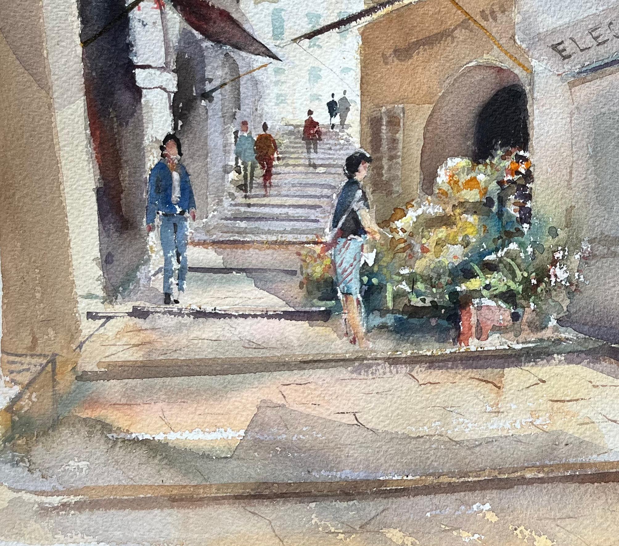 Acuarela original de una escena callejera mediterránea iluminada por el sol con puestos de flores en venta 1