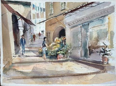 Aquarelle originale d'une scène de rue méditerranéenne ensoleillée avec des étals de fleurs