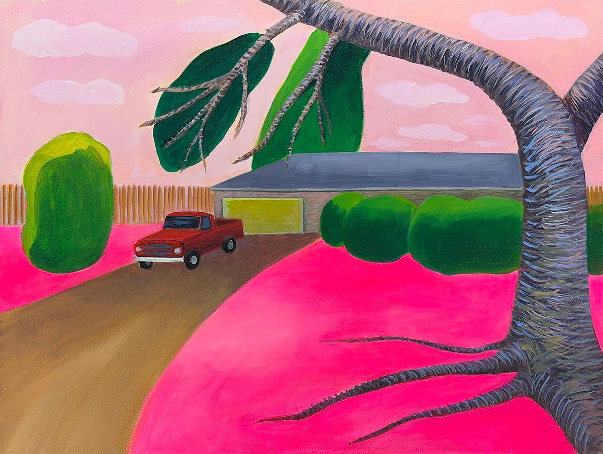 Elaine Pawlowicz Landscape Painting - Red Truck - Suburban, Neighborhood, House, Hot Pink, Surreal
