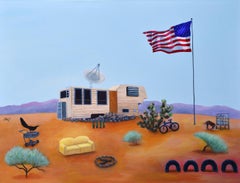 Spacious Skies - Desert Landscape, American Flag, Trailer, Acrylic Painting