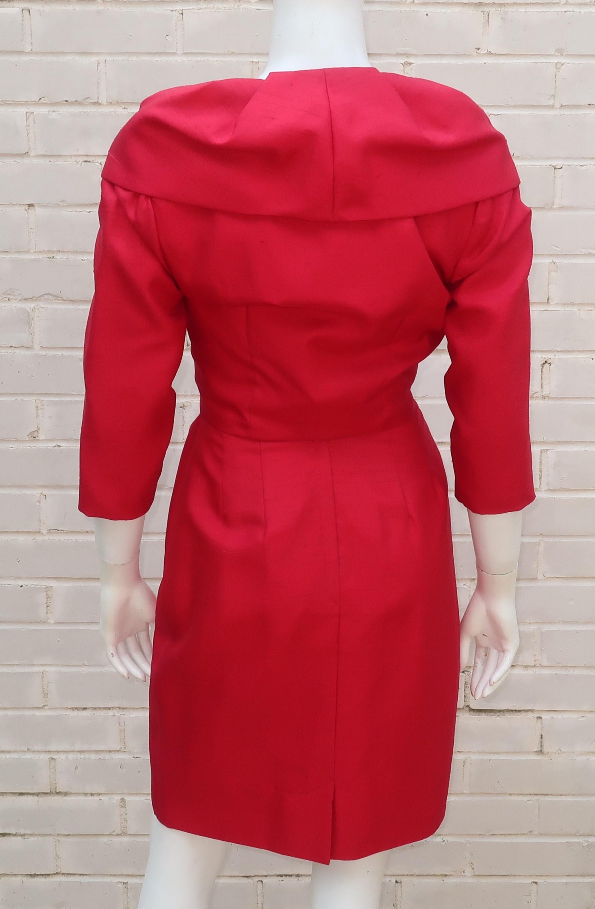 Elaine Terry Red Shantung Silk Dress & Jacket Set, 1950's  In Good Condition In Atlanta, GA