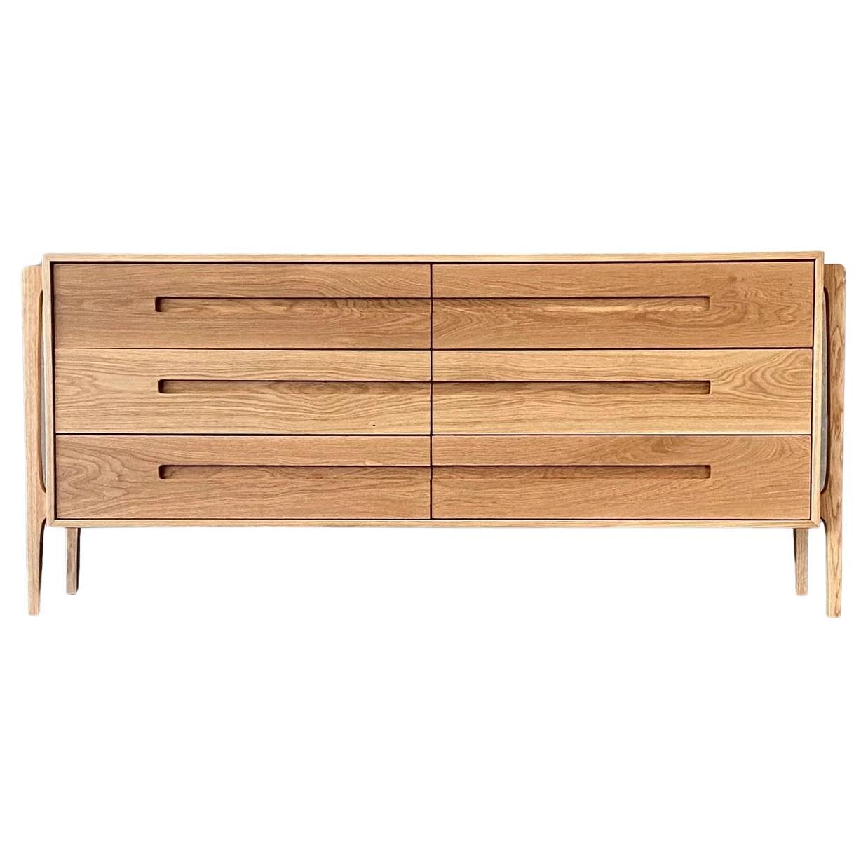 "Elaine" White Oak 6 Drawer Low Boy Dresser, Mid-Century Modern Styling