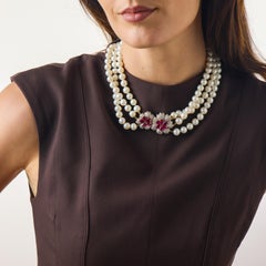 Elan vintage 6.70 carats ruby diamond pearl 18k yellow gold necklace