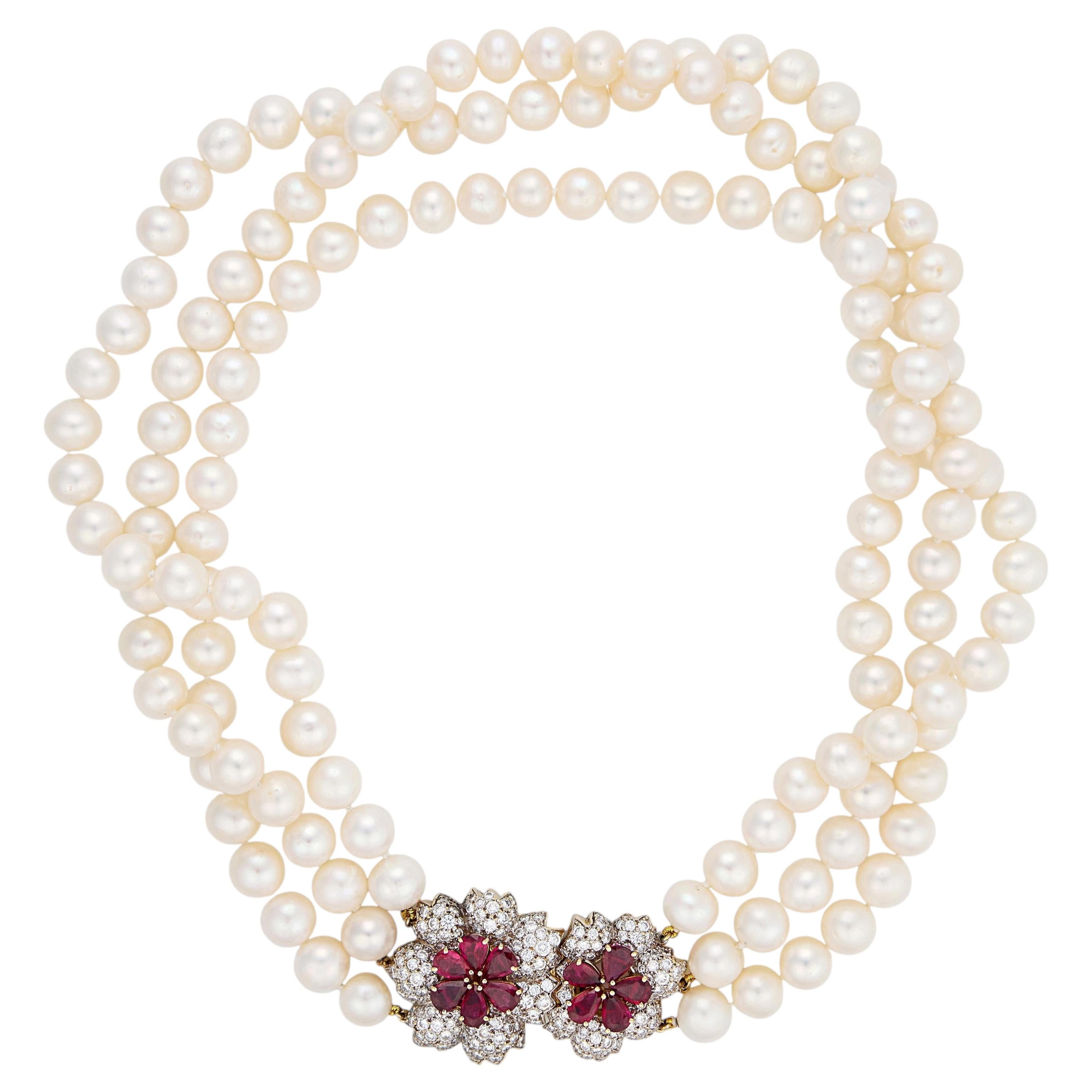 Elan vintage 6.70 carats ruby diamond pearl 18k yellow gold necklace