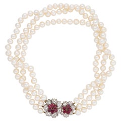 Elan vintage 6.70 carats ruby diamond pearl 18k yellow gold necklace