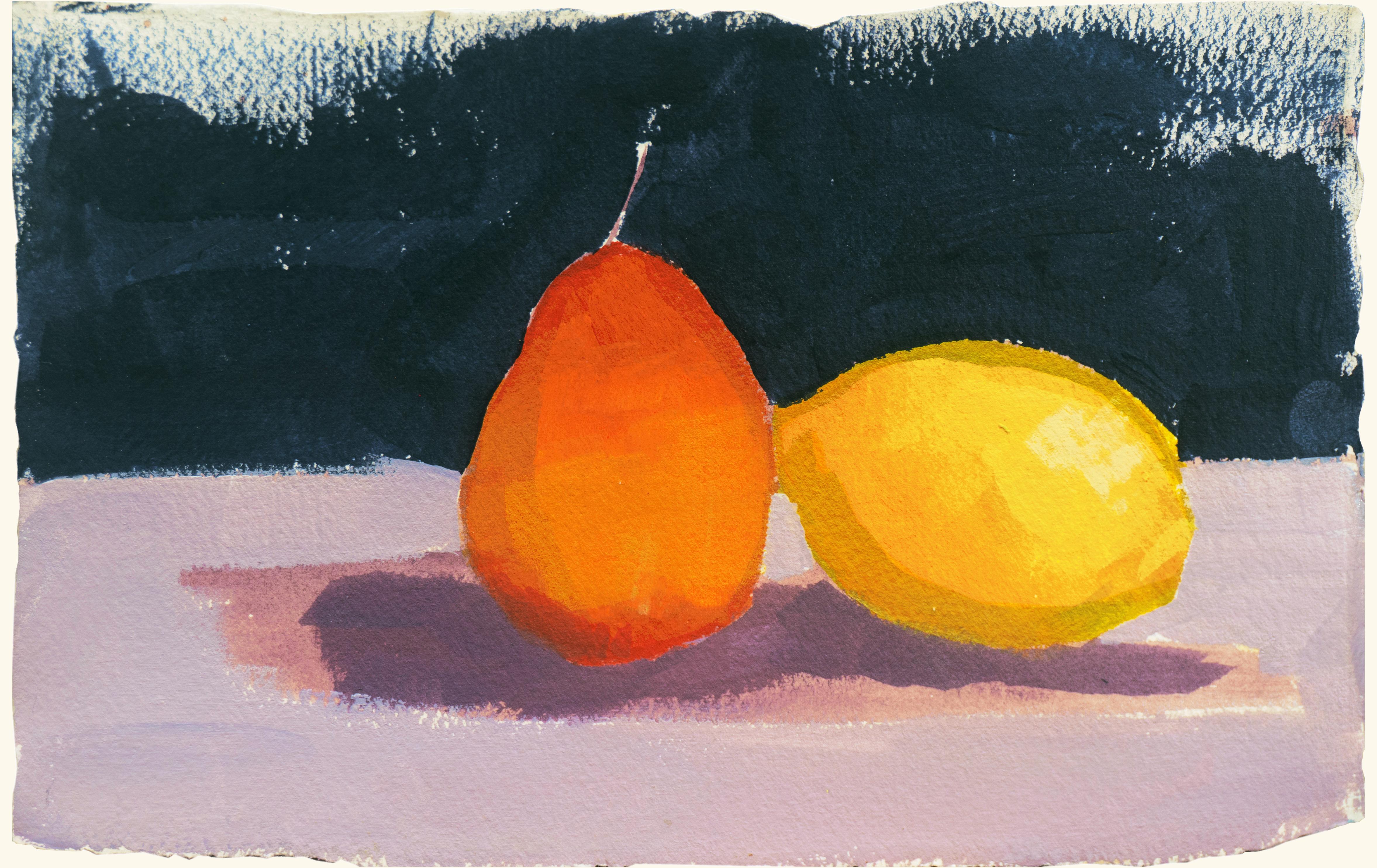 Still Life of Lemon and Pear - Painting by Elana Ryznar
