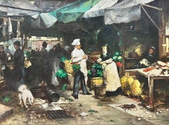 Vintage Large French Signed Oil Chef in Market Buying Vegetables Gilt Framed Canvas